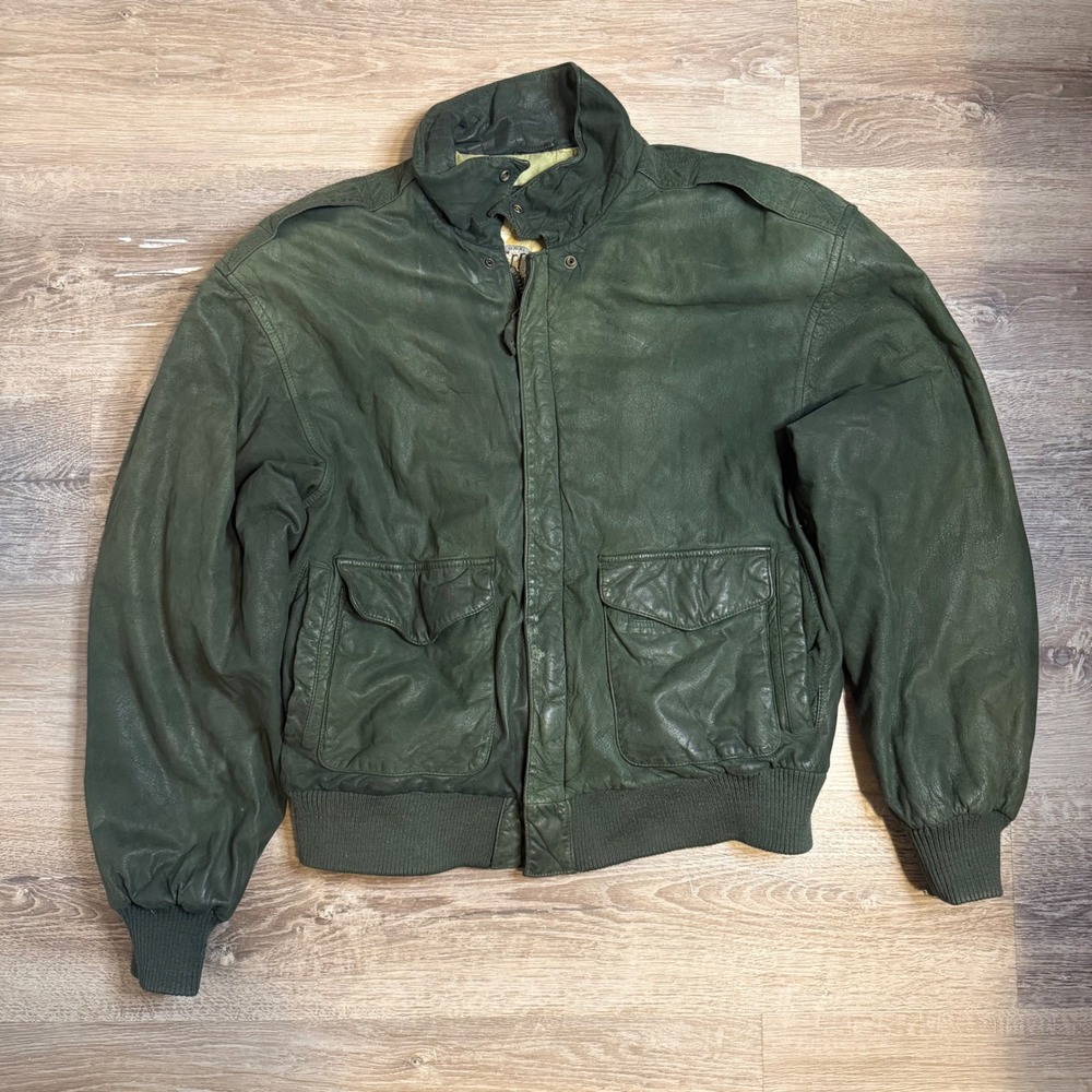 Vintage G-III Global Identity Green Leather Bomber Jacket Mens Medium Map Lining